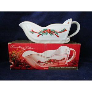 Poinsettia & Ribbons Fine Porcelain Sleigh Shaped Gravy Boat Vintage K Mart EUC